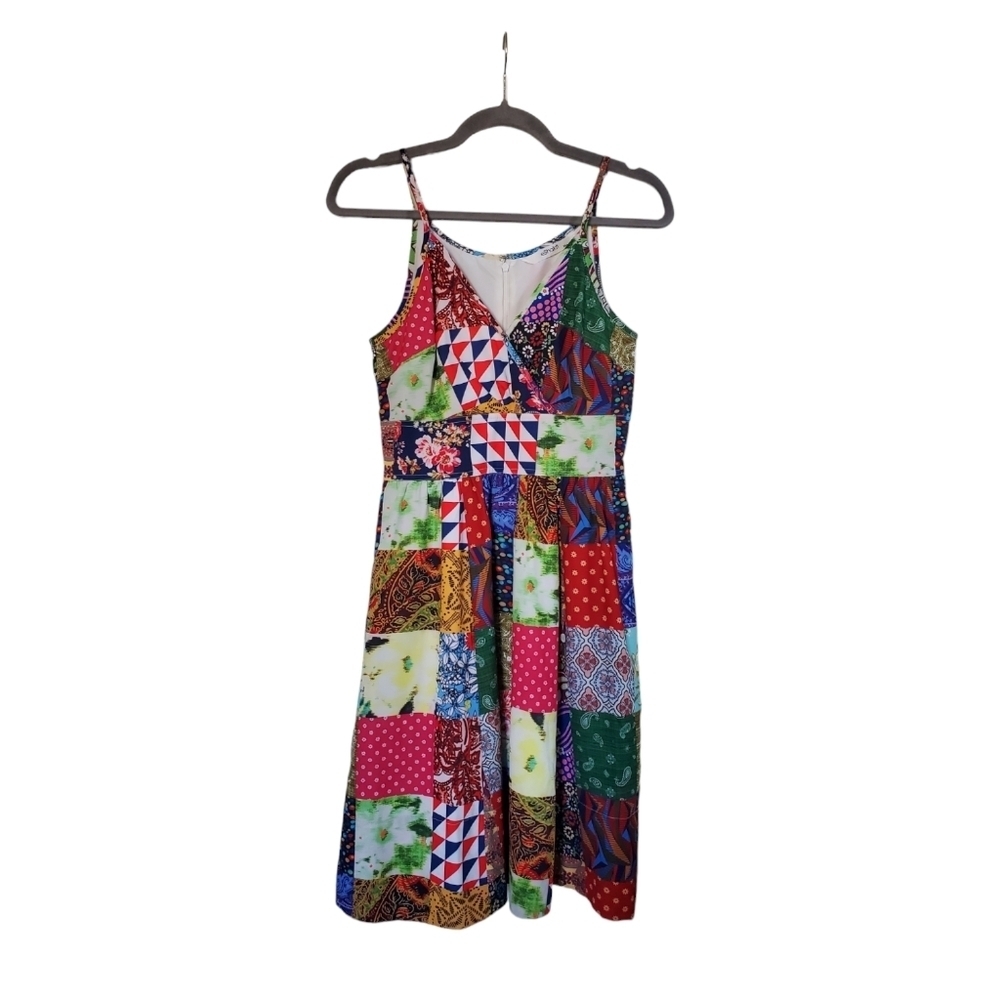 eShakti Patchwork Print Sundress A-Line Colorful Country Mini Dress, Size XS 2